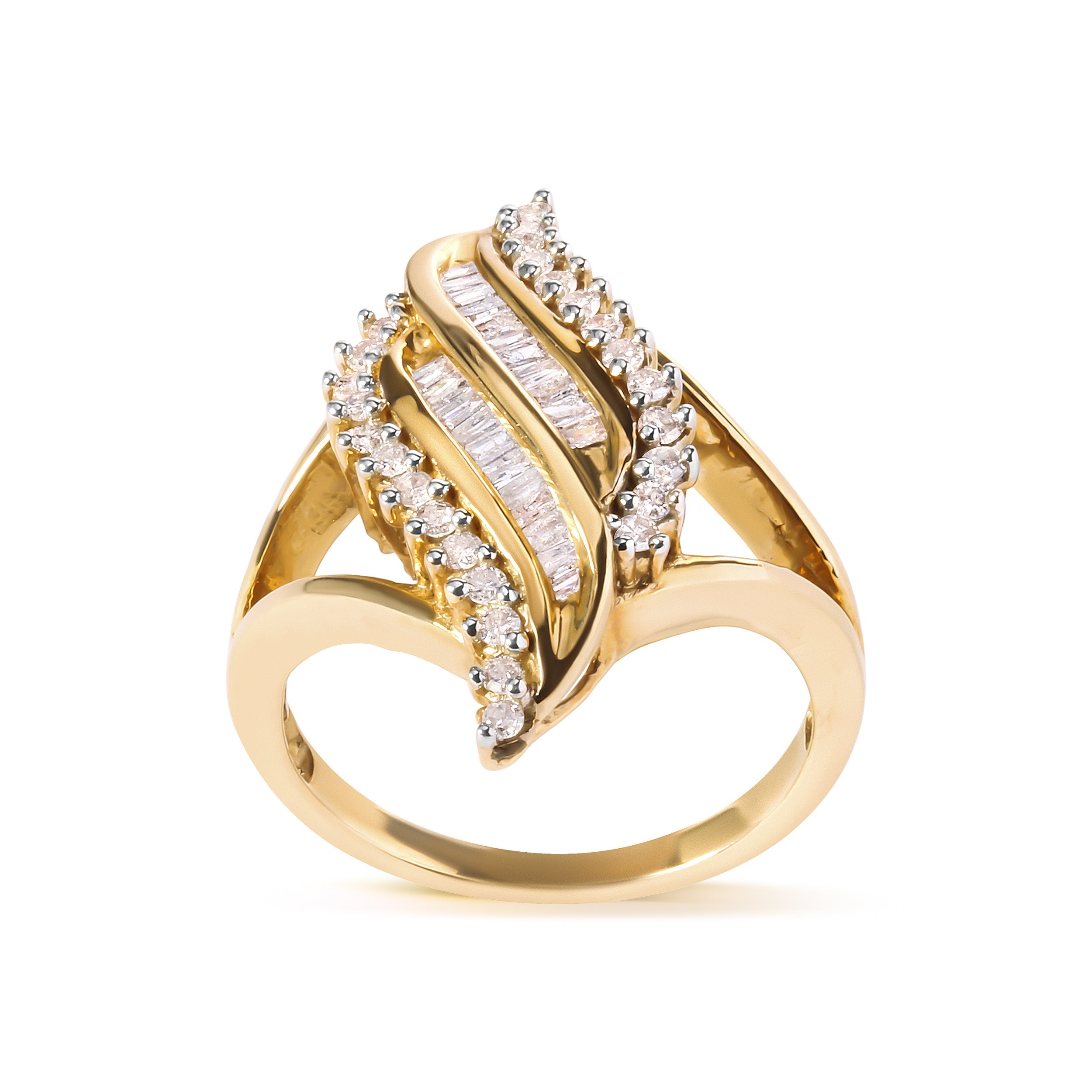 10K Yellow Gold 1/2 Cttw Round and Baguette Cut Diamond Cocktail Ring (H-I Color, I1-I2 Clarity) by Bids.com