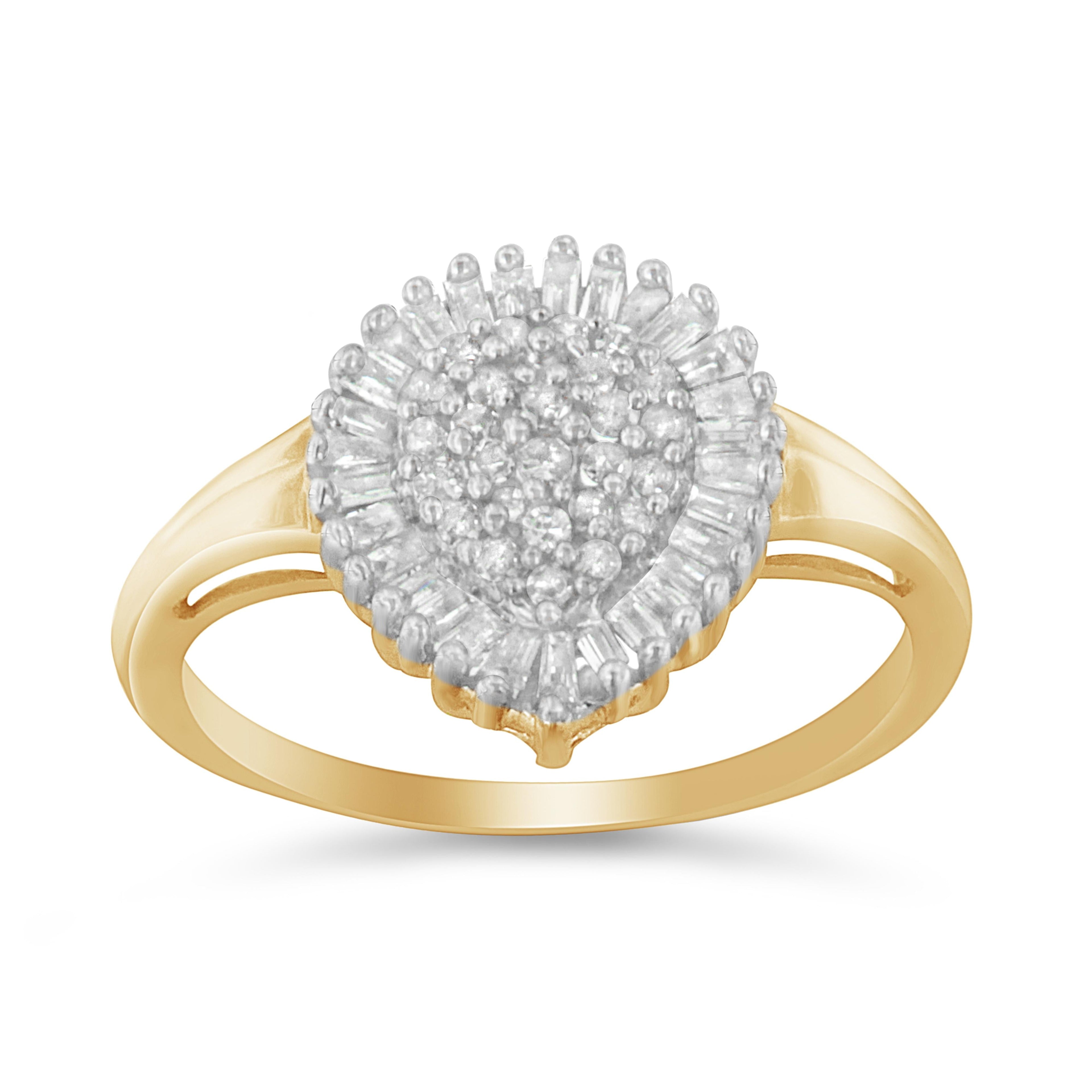 10K Yellow Gold 1/2 Cttw Round & Baguette Cut Diamond Pear Shaped Domed Pavé Cluster with Halo Cocktail Ring (J-K Color, I1-I2 Clarity) - Size 4-1/4 by Bids.com