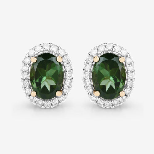 1.92 Carat Genuine Green Tourmaline and White Diamond 14K Yellow Gold Earrings by Bids.com