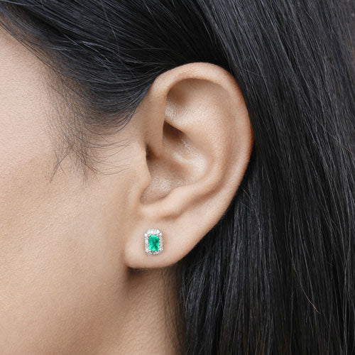 0.91 Carat Genuine Zambian Emerald and White Diamond 14K White Gold Earrings