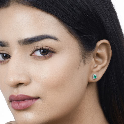 0.91 Carat Genuine Zambian Emerald and White Diamond 14K White Gold Earrings