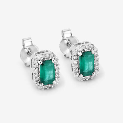 0.91 Carat Genuine Zambian Emerald and White Diamond 14K White Gold Earrings by Bids.com