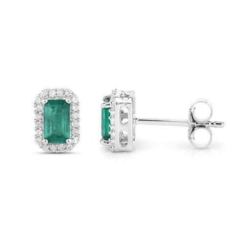 0.91 Carat Genuine Zambian Emerald and White Diamond 14K White Gold Earrings
