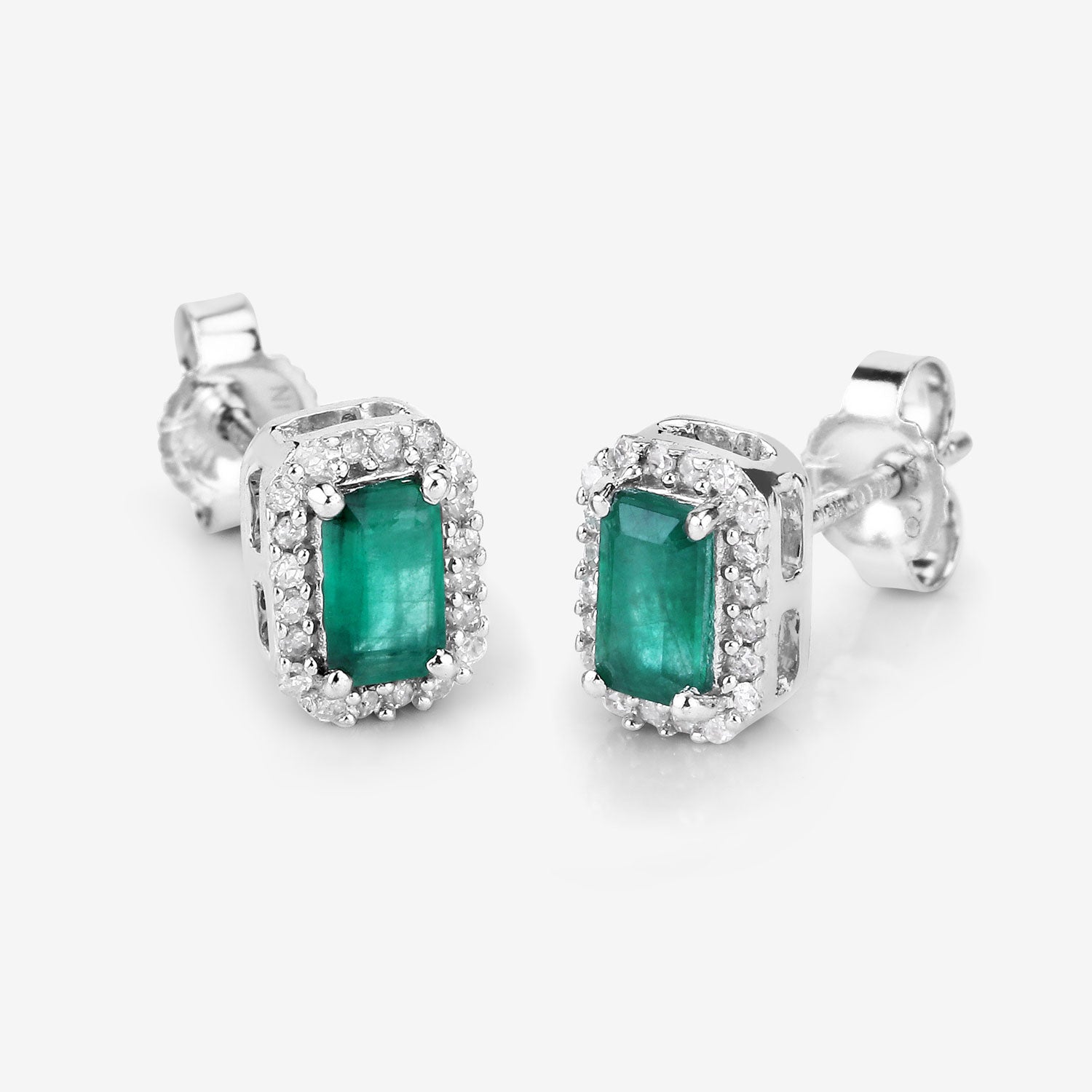 0.91 Carat Genuine Zambian Emerald and White Diamond 14K White Gold Earrings by Avera Group