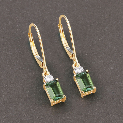 1.28 Carat Genuine Green Tourmaline and White Diamond 14K Yellow Gold Earrings DestGlow