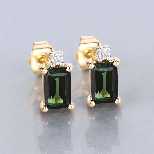 1.24 Carat Genuine Green Tourmaline and White Diamond 14K Yellow Gold Earrings by Bids.com