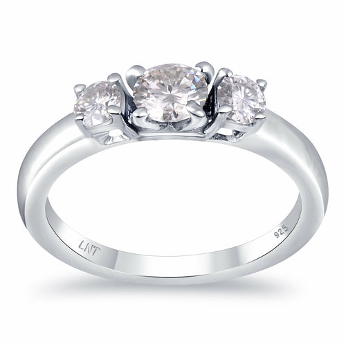 White Moissanite 3-Stone Ring Sterling Silver - Lab Grown Diamond Alternative Engagement Ring