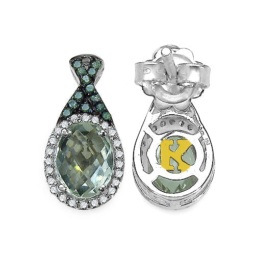 2.55 Carat Genuine Green Amethyst, Green Diamond & White Diamond .925 Sterling Silver Earrings by Bids.com