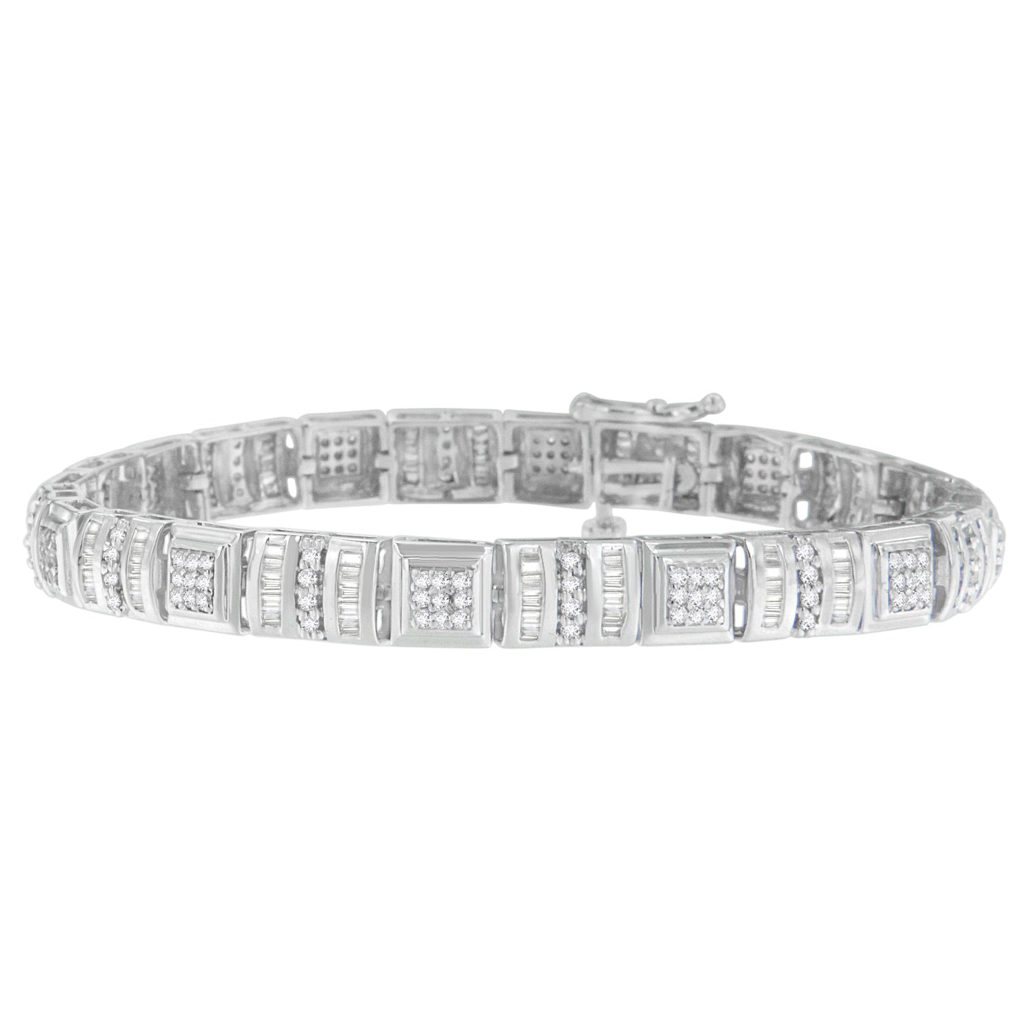 10K White Gold Round and Baguette Cut Diamond Bracelet (2.00 cttw, H-I Color, I2-I3 Clarity) DestGlow