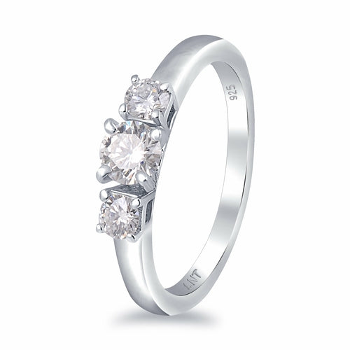 White Moissanite 3-Stone Ring Sterling Silver - Lab Grown Diamond Alternative Engagement Ring