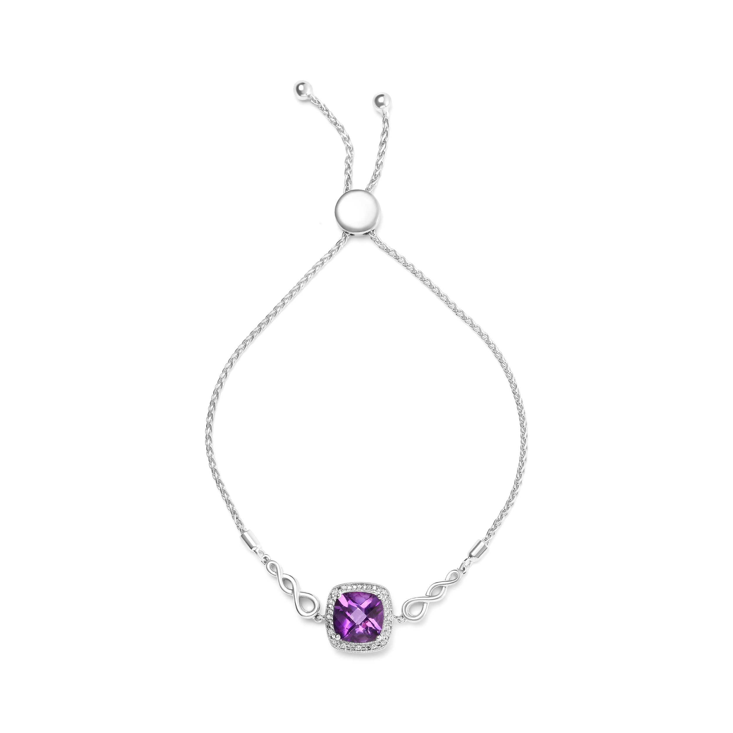 .925 Sterling Silver 10mm Cushion Cut Amethyst Gemstone and Diamond Accent Lariat 4â€-10†Adjustable Bolo Bracelet (H-I Color, SI1-SI2 Clarity) DestGlow