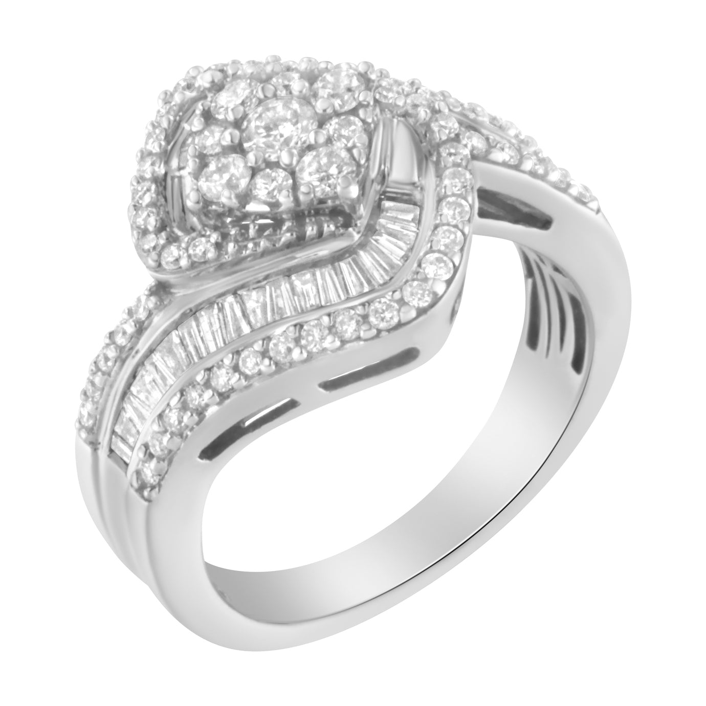 14K White Gold 1 Cttw Baguette and Round Diamond Floral Swirl Cluster Cocktail Ring by Bids.com