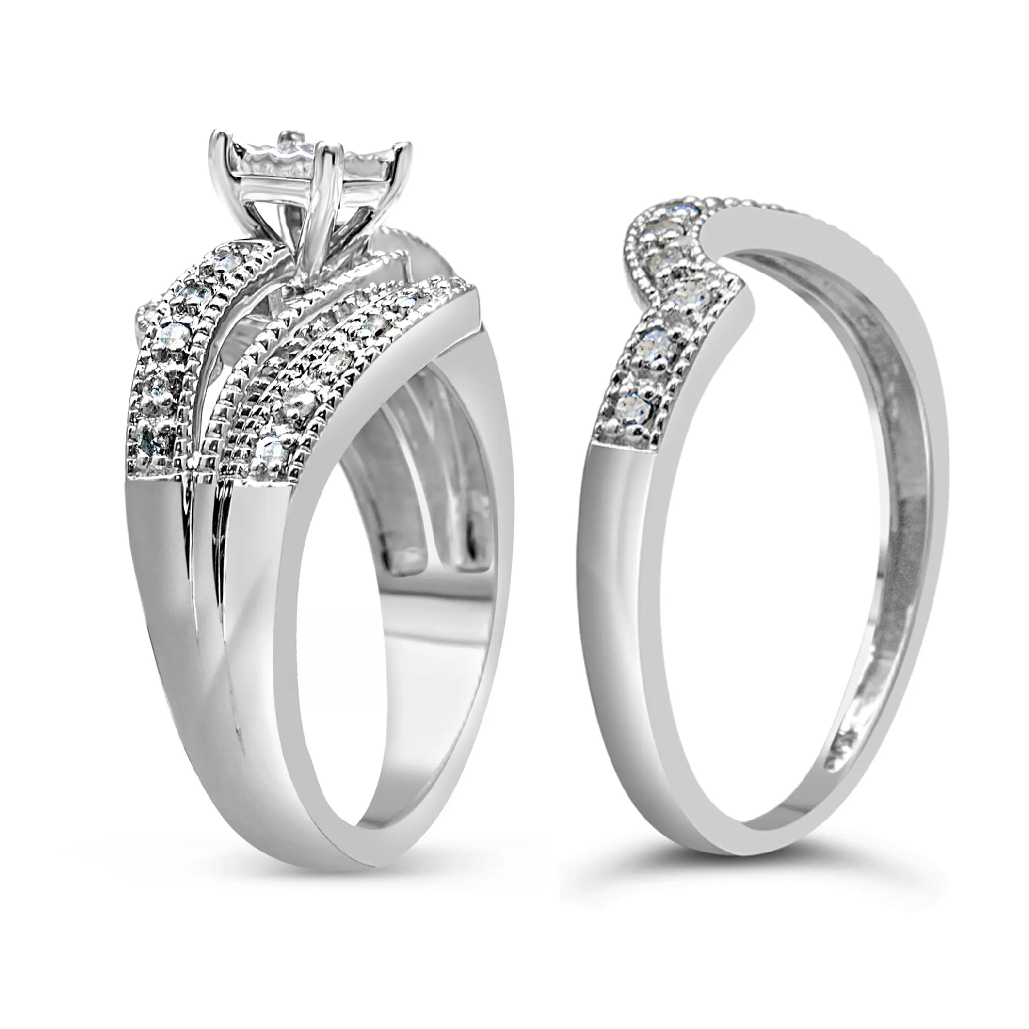 .925 Sterling Silver 1/3 Cttw Round Diamond Crisscross Engagement Ring Bridal Set (H-I Color, I1-I2 Clarity ) - Size 7