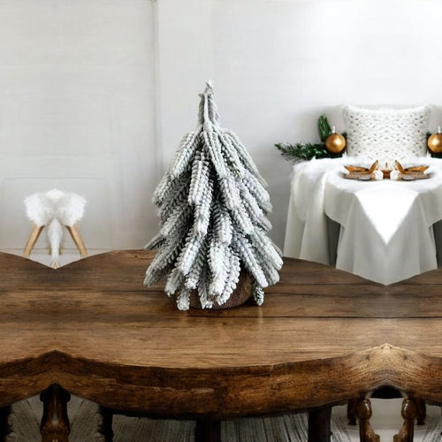 Snow Covered Christmas Trees - Set of 4 Realistic Faux Trees with Jute Base