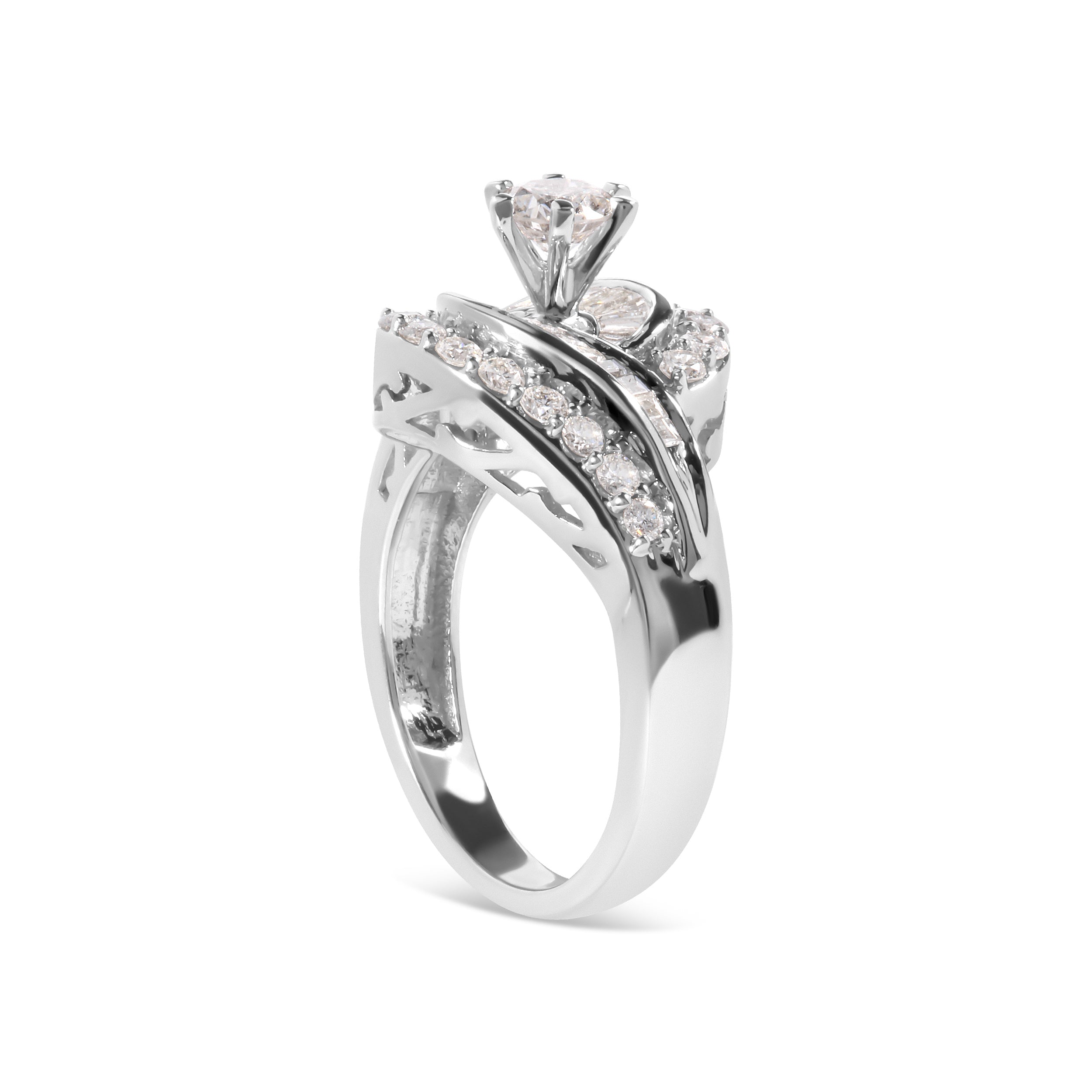 14K White Gold 1.00 Cttw Round and Baguette cut Diamond Swirl Cocktail Ring (H-I Color, SI2-I1 Clarity) - Ring Size 7 DestGlow