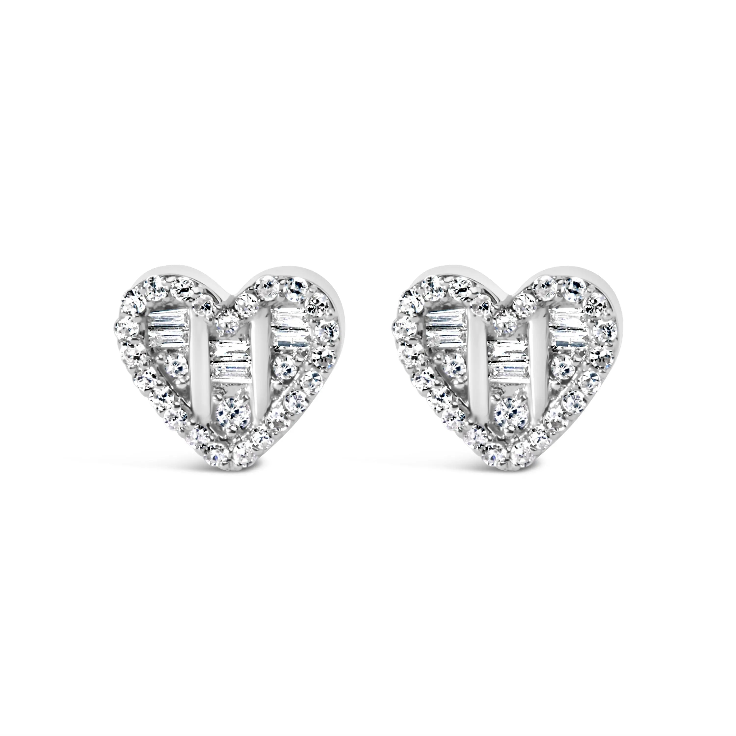 14K Yellow Gold Plated .925 Sterling Silver 1/2 Cttw Round and Baguette Diamond Composite Heart Shaped Stud Earring (I-J Color, SI2-I1 Clarity)