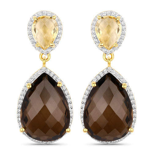 21.12 Carat Genuine Smoky Quartz, Citrine and White Topaz .925 Sterling Silver Earrings DestGlow