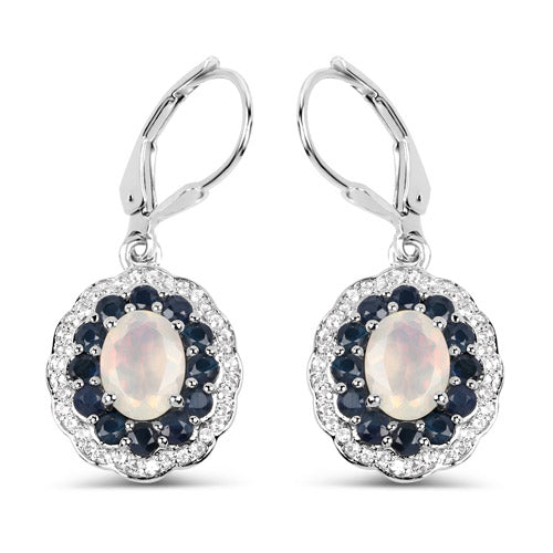 2.80 Carat Genuine Ethiopian Opal, Blue Sapphire and White Topaz .925 Sterling Silver Earrings DestGlow