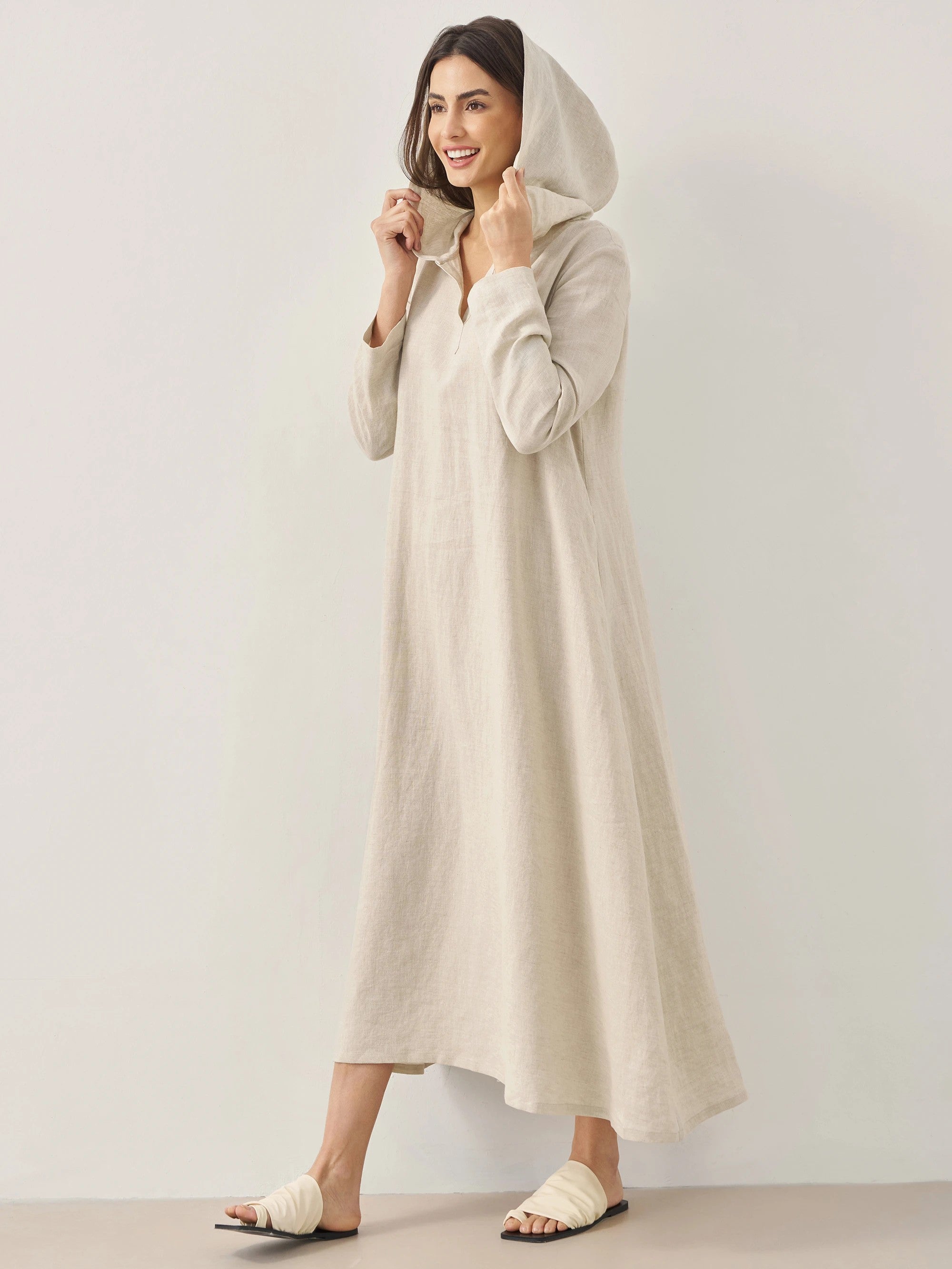 100% Linen Hooded Pullover Maxi Dress REBECCA DestGlow