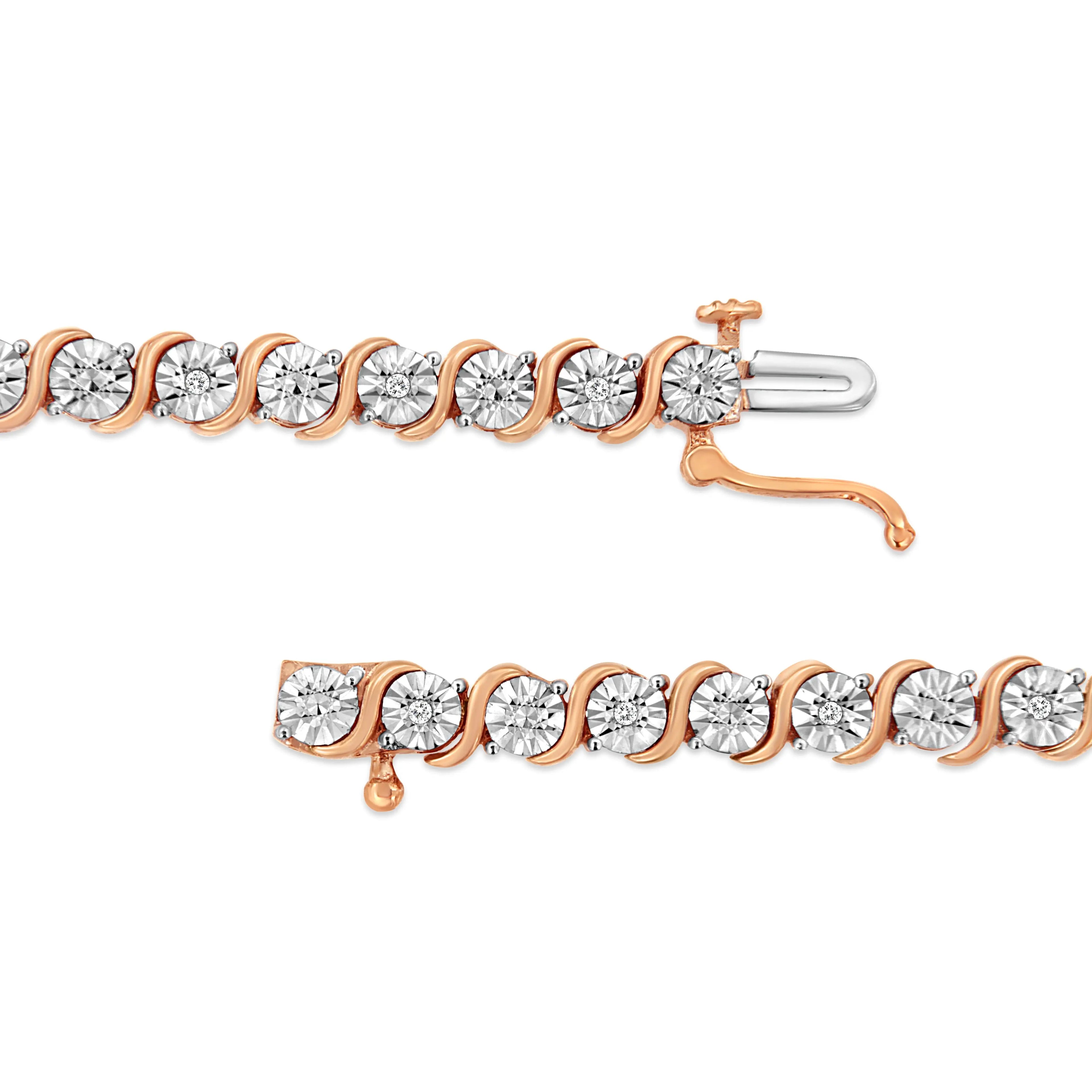 14K Rose Gold Plated .925 Sterling Silver 1/10 Cttw Diamond Round Miracle Plate and "S" Link Tennis Bracelet (I-J Color, I2- I3 Clarity) - 7"