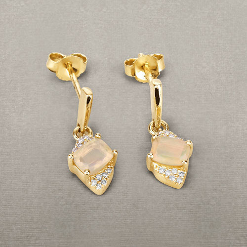 0.57 Carat Genuine Ethiopian Opal and White Diamond 14K Yellow Gold Earrings