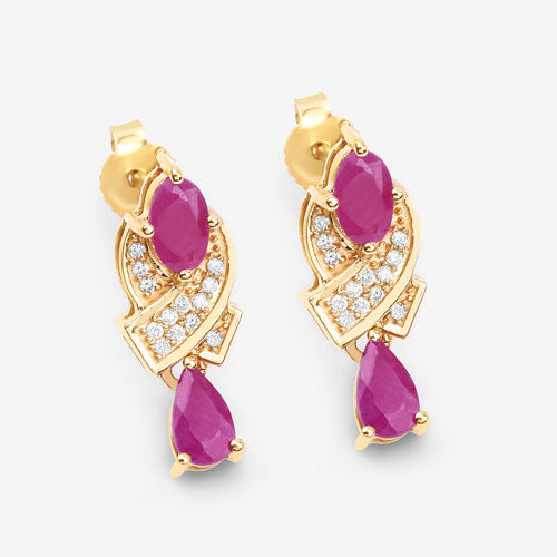 1.12 Carat Genuine Ruby and White Diamond 14K Yellow Gold Earrings