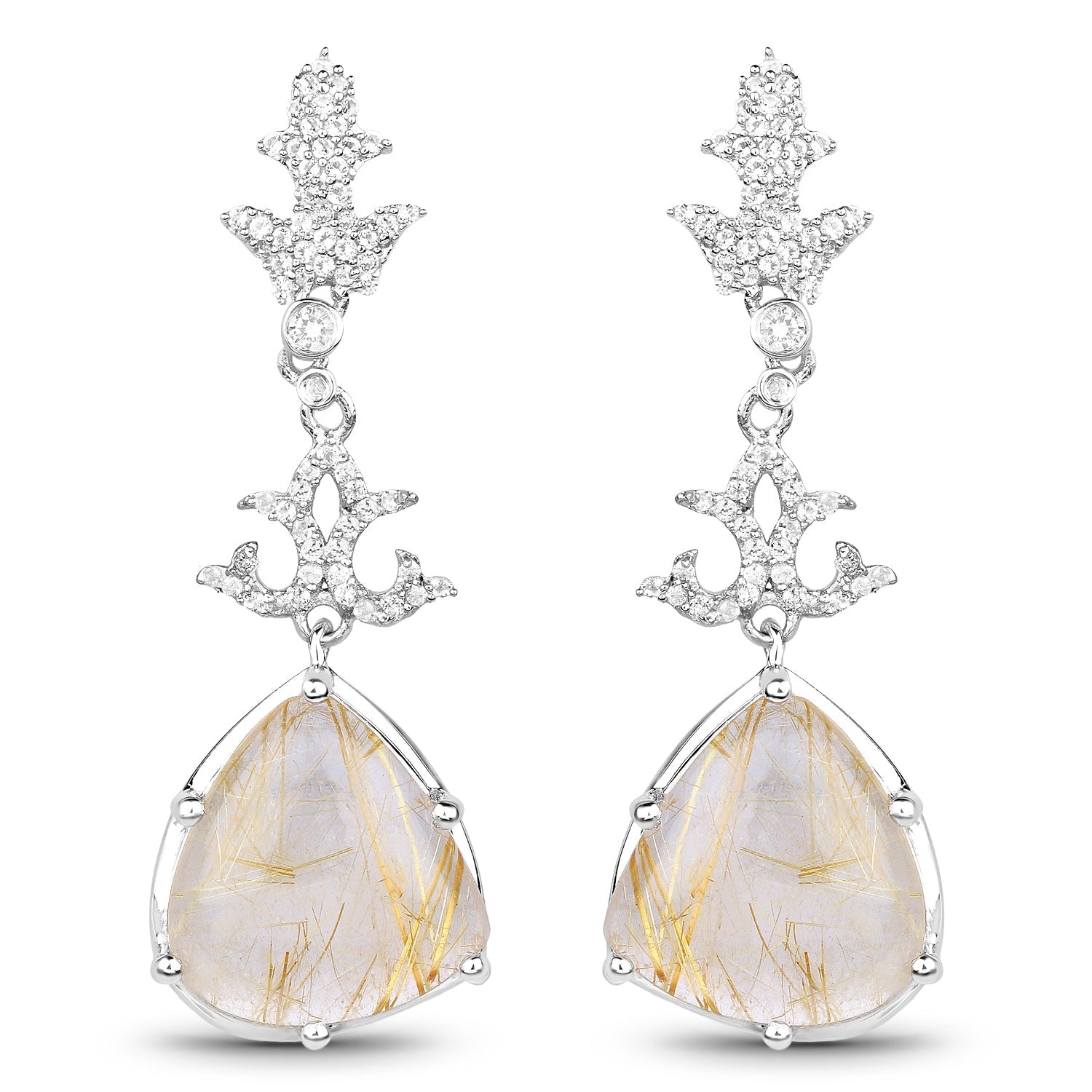 15.97 Carat Genuine Golden Rutile And White Topaz .925 Sterling Silver Earrings