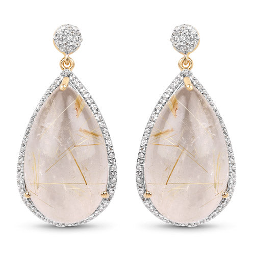 14K Yellow Gold Plated 35.15 Carat Genuine Golden Rutile and White Topaz .925 Sterling Silver Earrings DestGlow