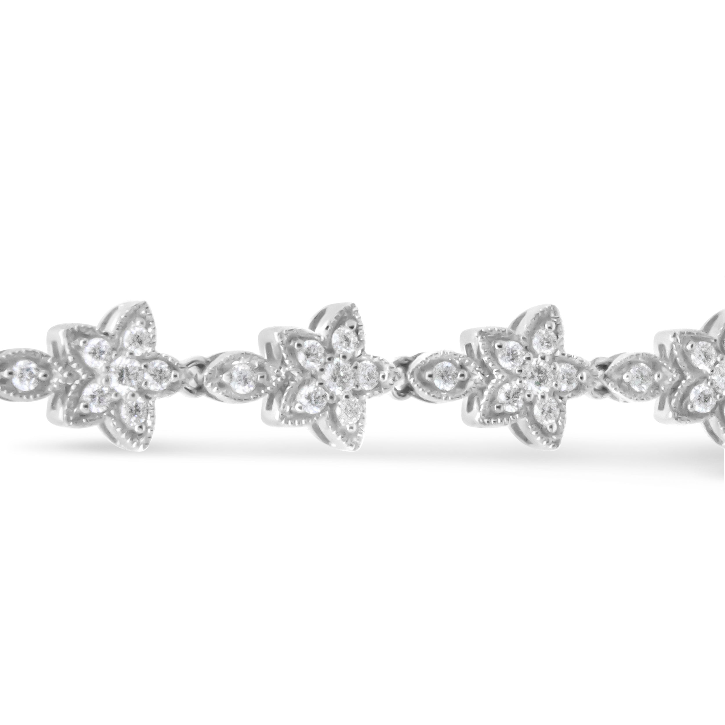 14K White Gold 1 1/5 Cttw Round Diamond Flower Blossom Link Bracelet (H-I Color, SI1-SI2 Clarity) - Size 7" DestGlow