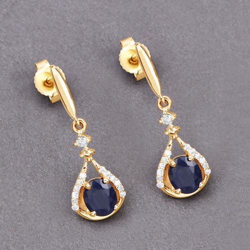 0.86 Carat Genuine Blue Sapphire and White Diamond 14K Yellow Gold Earrings DestGlow