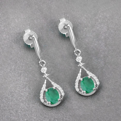 0.70 Carat Genuine Zambian Emerald and White Diamond 14K White Gold Earrings DestGlow