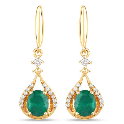 0.70 Carat Genuine Zambian Emerald and White Diamond 14K Yellow Gold Earrings