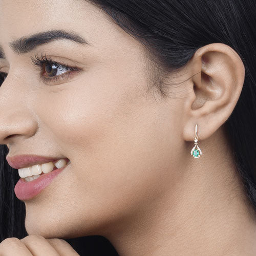 0.70 Carat Genuine Zambian Emerald and White Diamond 14K Yellow Gold Earrings