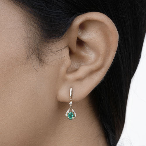 0.70 Carat Genuine Zambian Emerald and White Diamond 14K Yellow Gold Earrings
