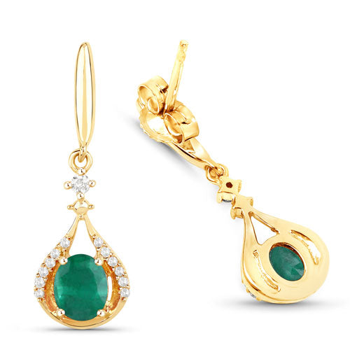 0.70 Carat Genuine Zambian Emerald and White Diamond 14K Yellow Gold Earrings DestGlow