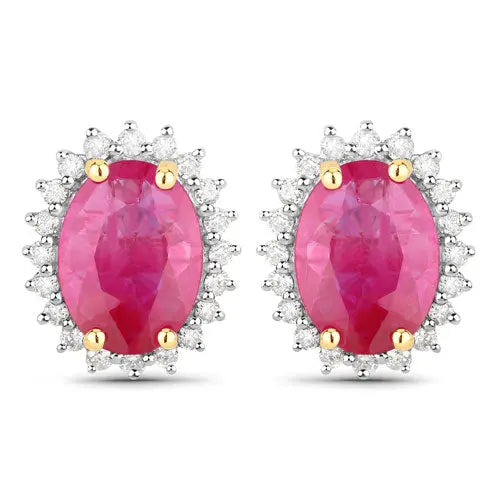 3.14 Carat Genuine Ruby and White Diamond 14K Yellow Gold Earrings