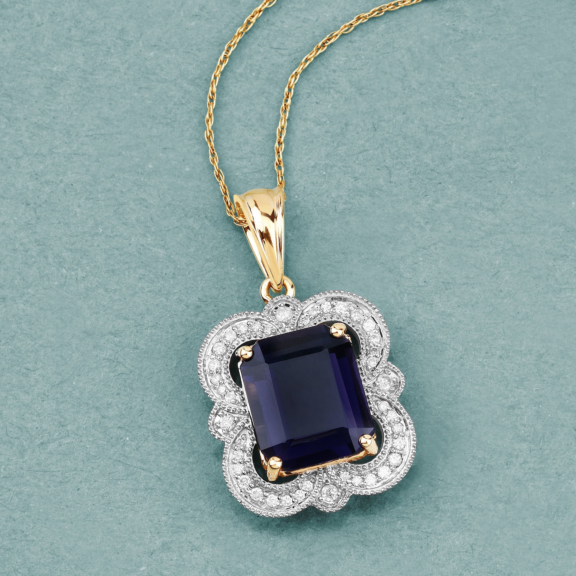 4.07 Carat Genuine Iolite and White Diamond 14K Yellow Gold Pendant by Bids.com