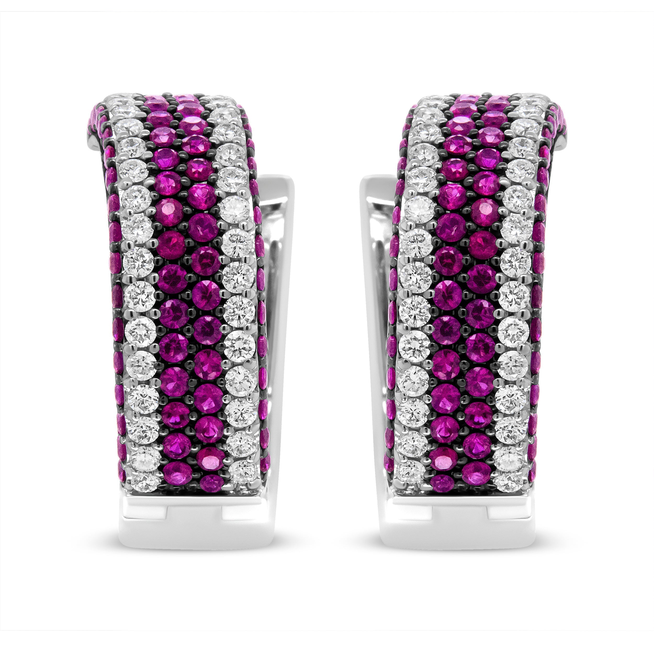 18K White Gold 1 7/8 Cttw Diamond and 1mm Round Red Ruby Open Swish Hoop Earrings (F-G Color, VS1-VS2 Clarity)
