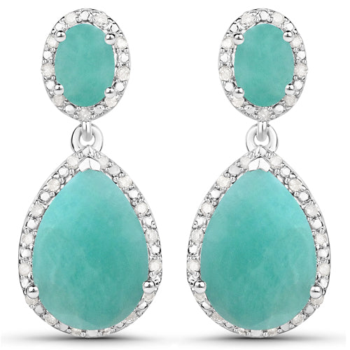 9.64 Carat Genuine Emerald and White Diamond .925 Sterling Silver Earrings DestGlow