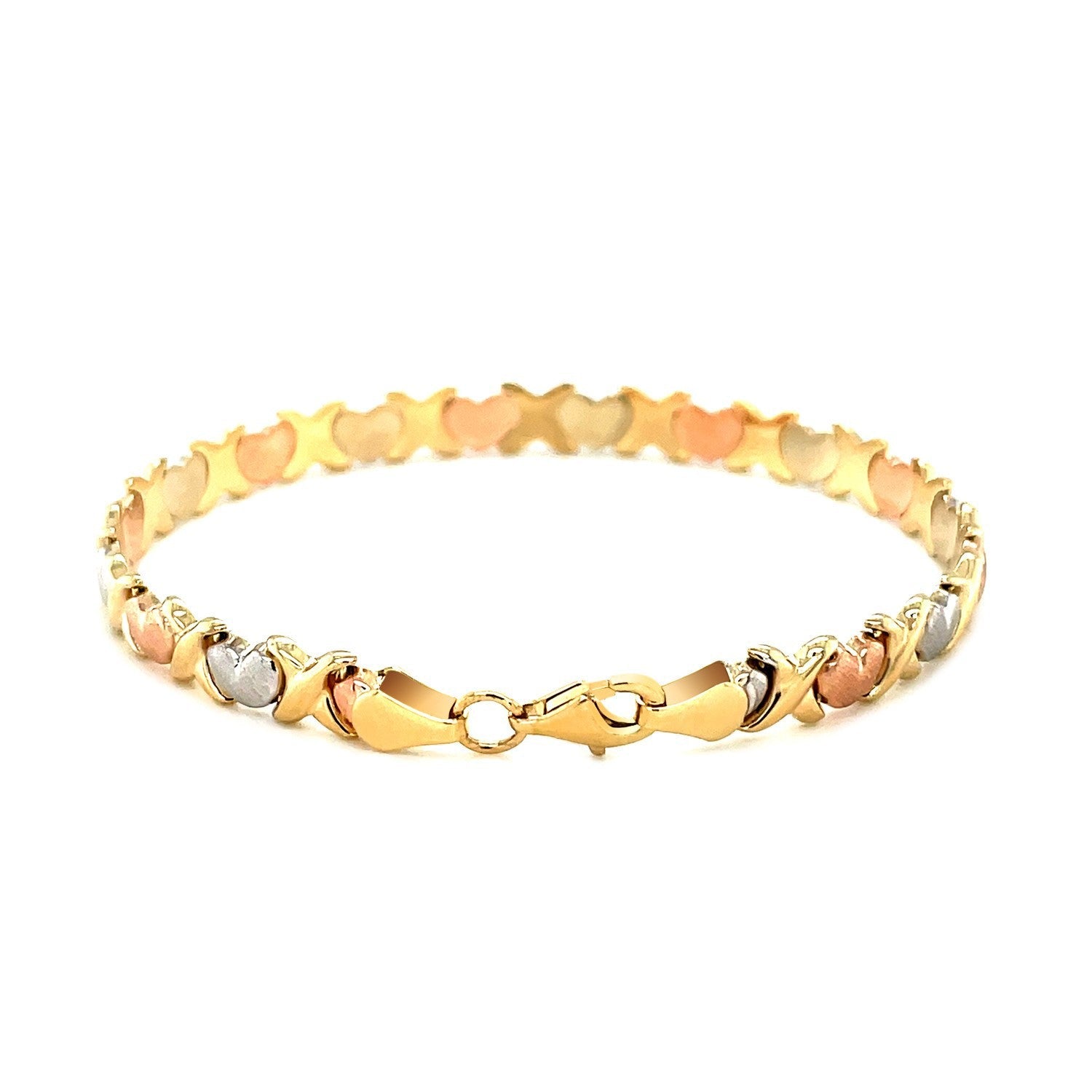 14k Tri-Color Gold Fancy Satin Heart Line Bracelet by Bids.com