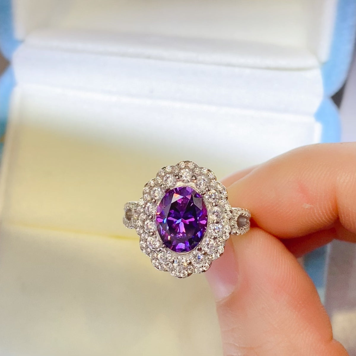 2 Carat Purple Oval-Cut Purple Oval-Cut Sparkala™ Pure Sterling Silver Halo Ring - DestGlow