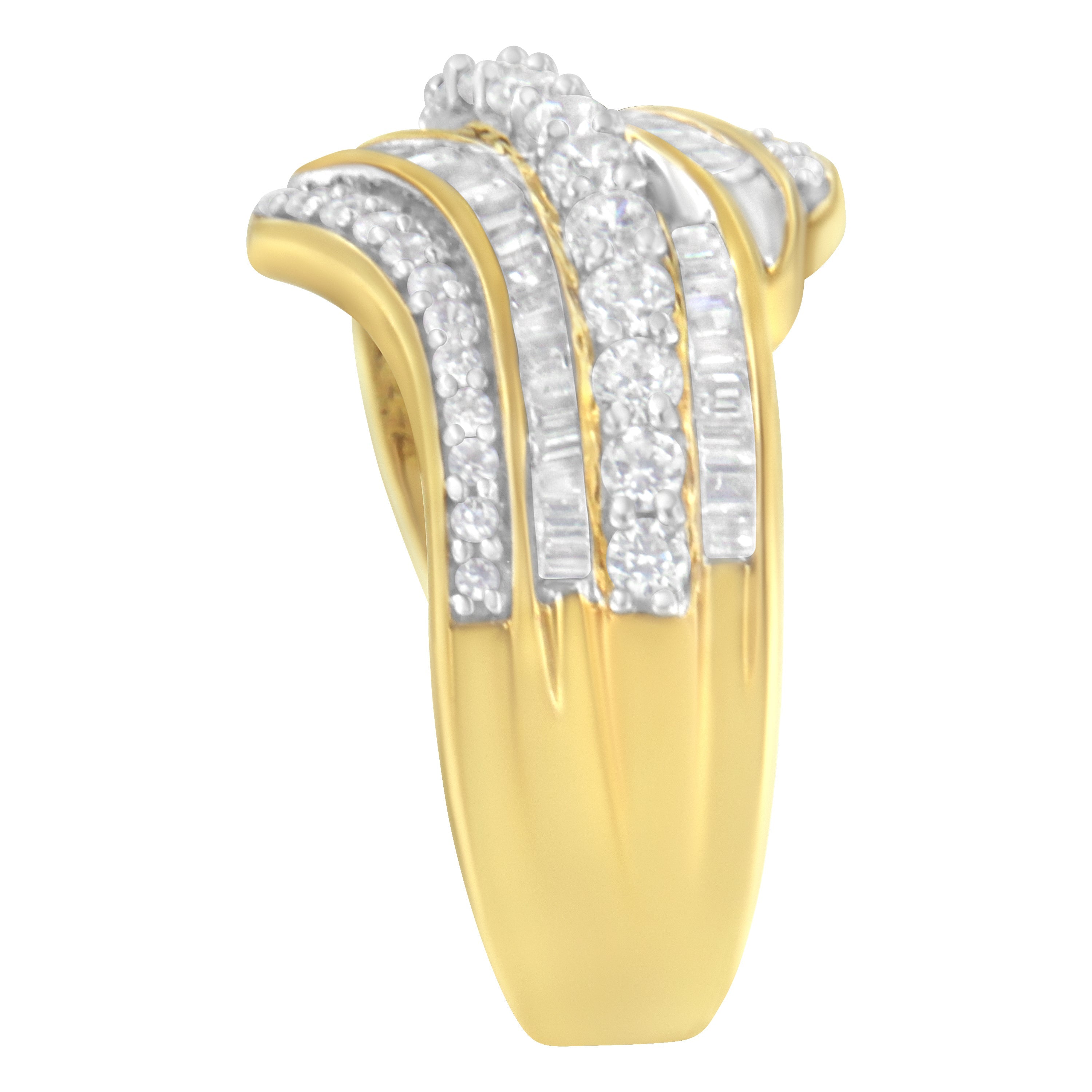10K Yellow Gold 1.0 Cttw Baguette and Round Diamond Multi-Row Wave Bypass Ring (I-J Color, I1-I2 Clarity) - Ring Size 7 by Bids.com