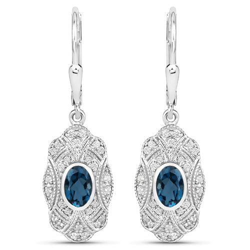 1.32 Carat Genuine London Blue Topaz and White Topaz .925 Sterling Silver Earrings DestGlow