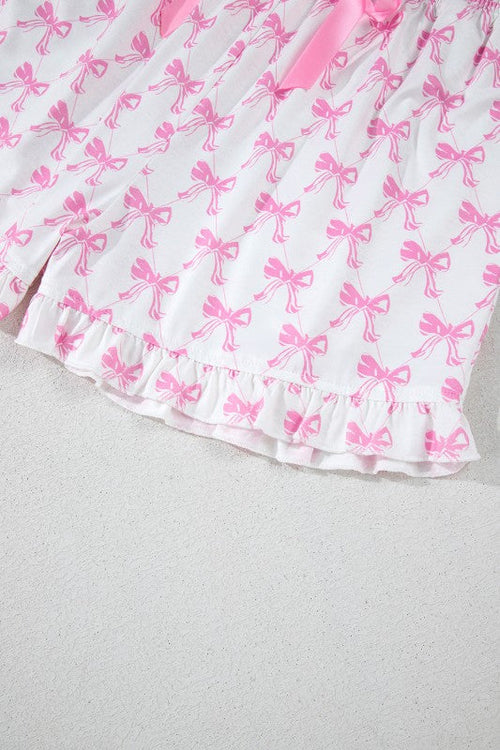 Women's Pink Bow Print Pajama Set - Short Sleeve Top & Ruffled Shorts
