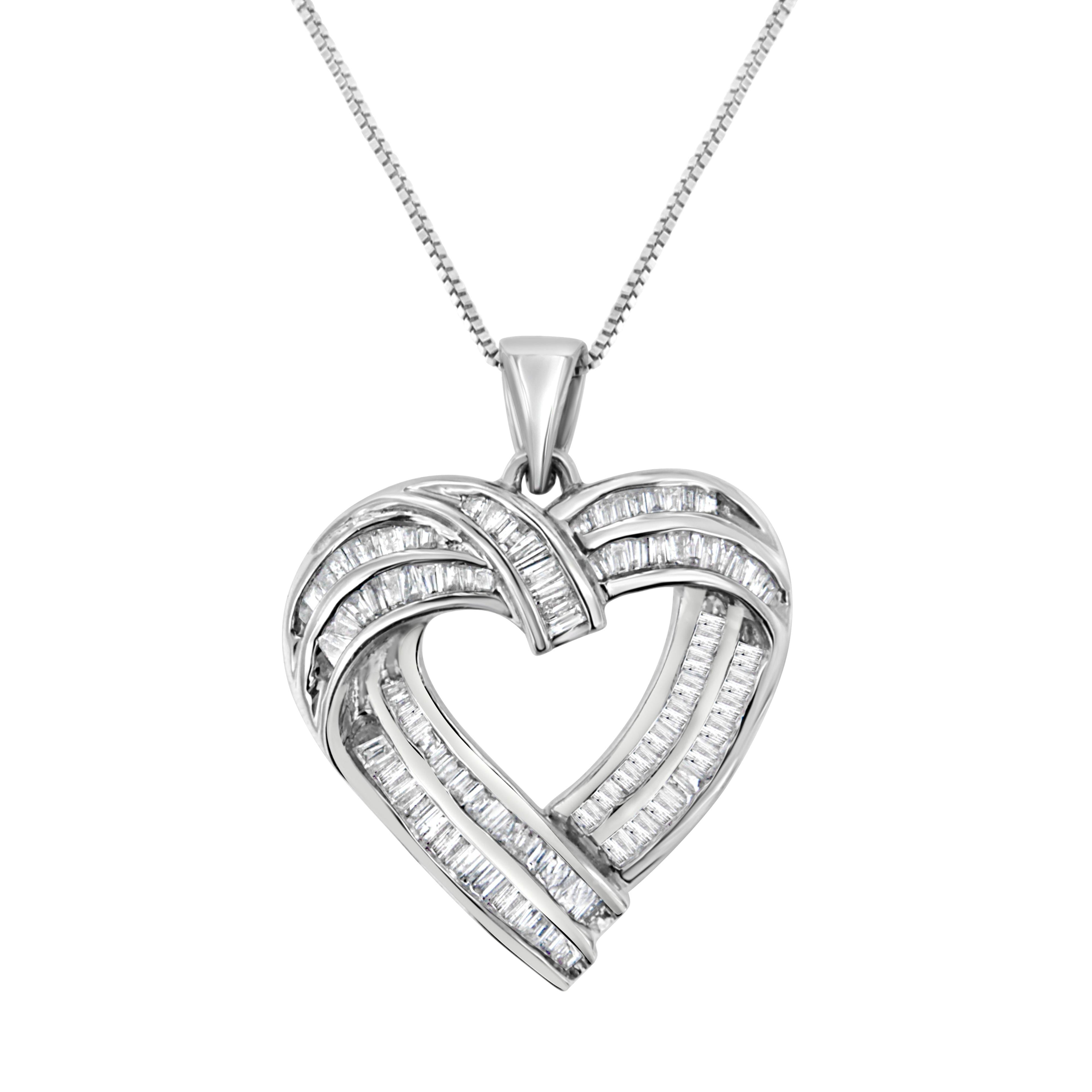 Sterling Silver 7/8 cttw Baguette Diamond Heart Pendant Necklace (I-J, I2-I3) by Bids.com