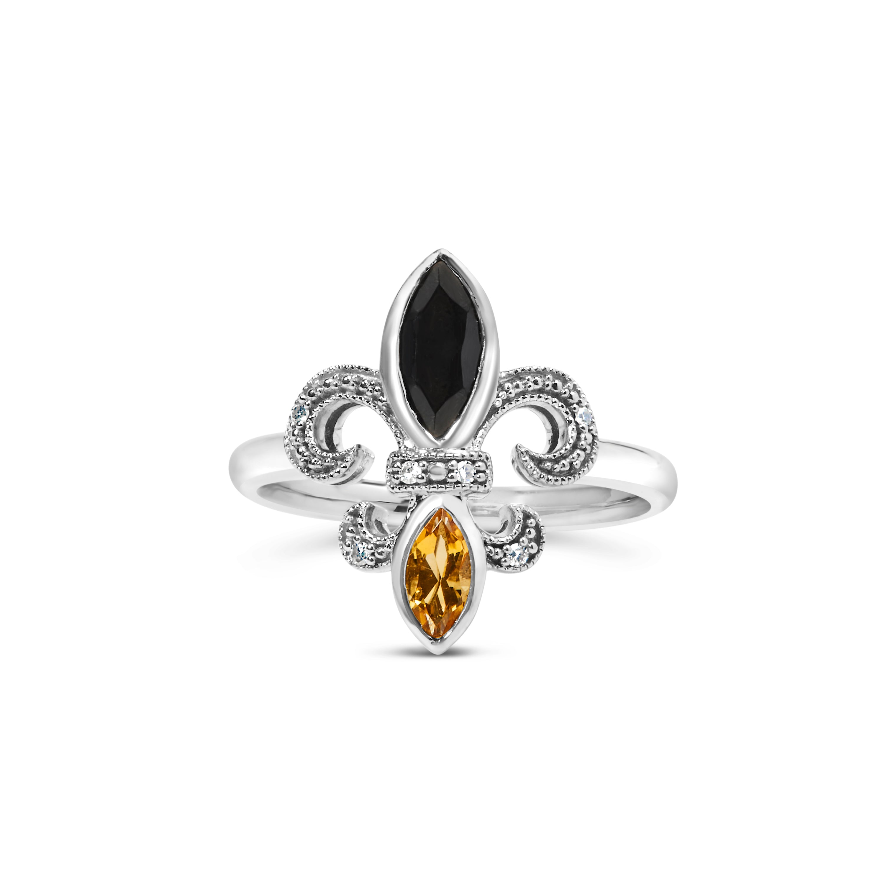 .925 Sterling Silver Black Onyx and Yellow Citrine Marquise and Diamond Accent Fleur De Lis Ring (H-I Color, SI1-SI2 Clarity) - Size 7 DestGlow