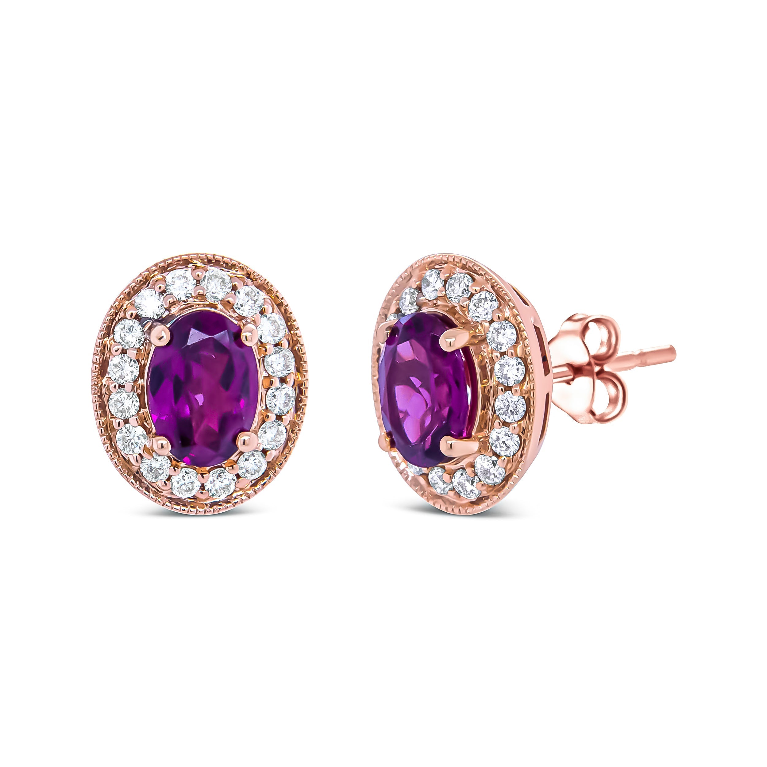 14K Rose Gold 7x5mm Oval Cut Garnet and 3/8 Cttw Round Diamond Halo Stud Earrings (G-H Color, SI1-SI2 Clarity) DestGlow