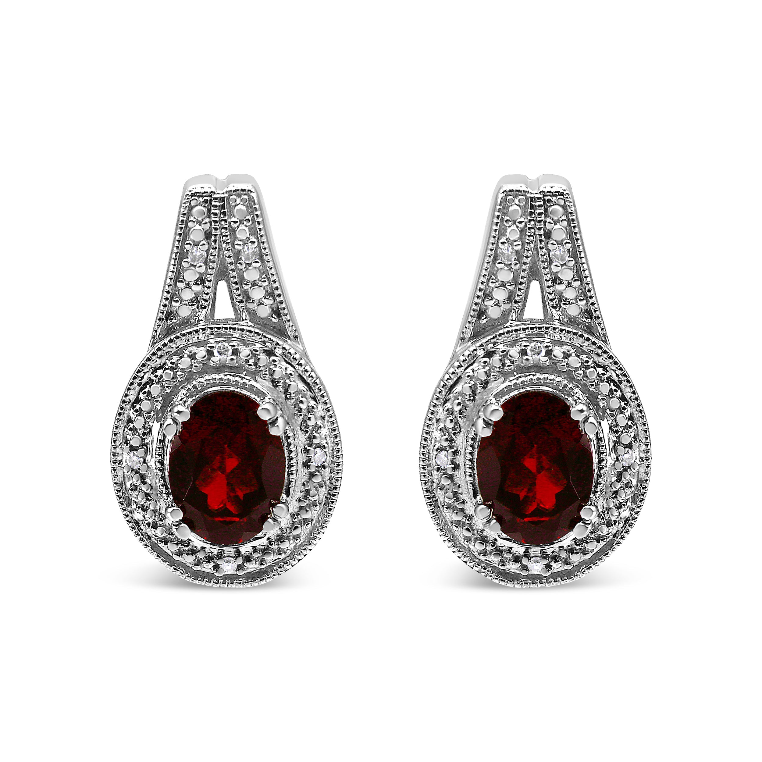 .925 Sterling Silver Diamond Accent and 8x6mm Red Oval Garnet Stud Earrings (I-J Color, I1-I2 Clarity) by Bids.com