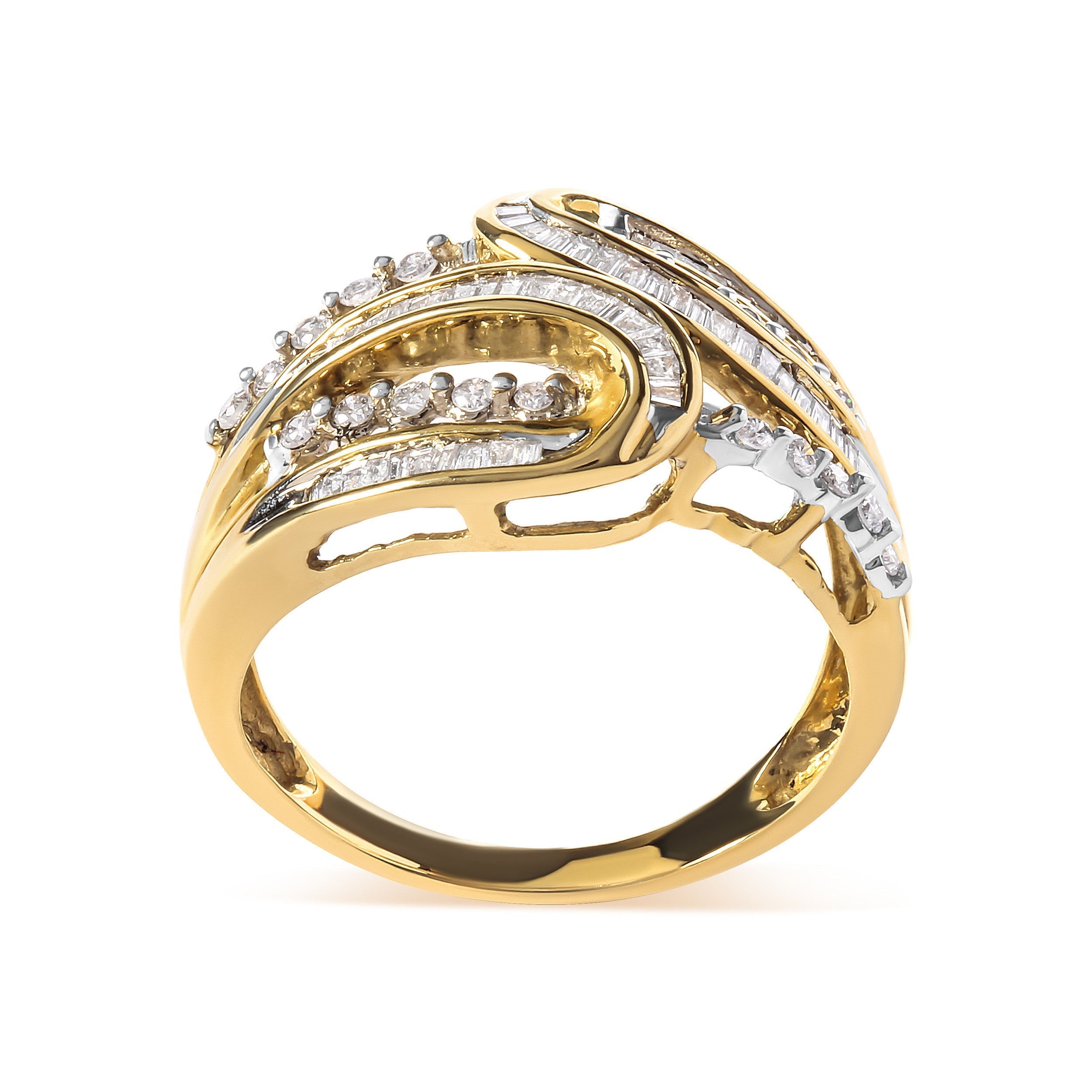 10K Yellow Gold 1/2 Cttw Round and Baguette cut Diamond Open Space Bypass Ring (H-I Color, SI2-I1 Clarity) - Ring Size 7 DestGlow