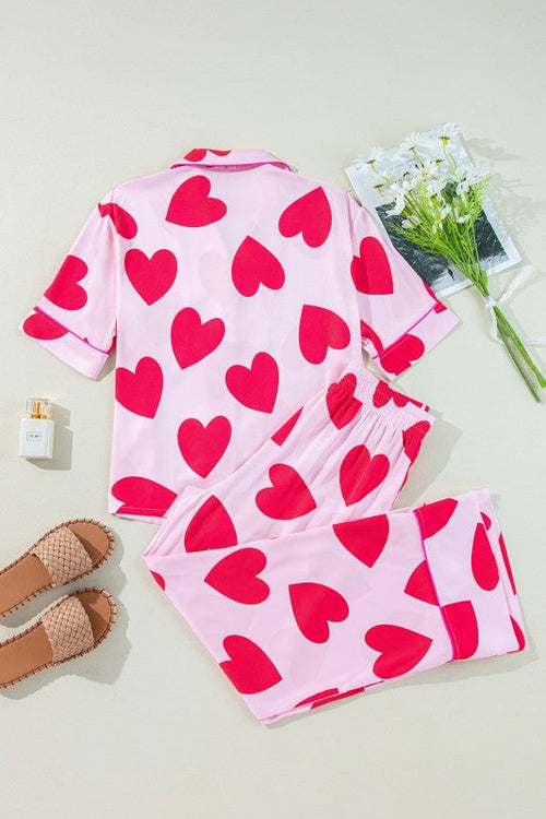 Women's Valentine's Day Pajama Set - Heart Print Short Sleeve Shirt & Pants